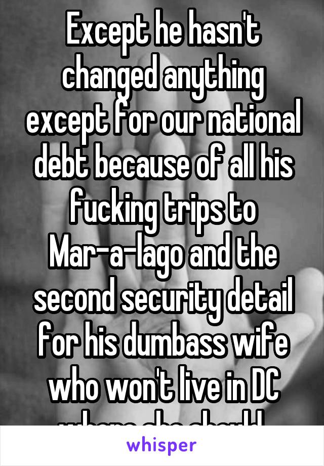 Except he hasn't changed anything except for our national debt because of all his fucking trips to Mar-a-lago and the second security detail for his dumbass wife who won't live in DC where she should.