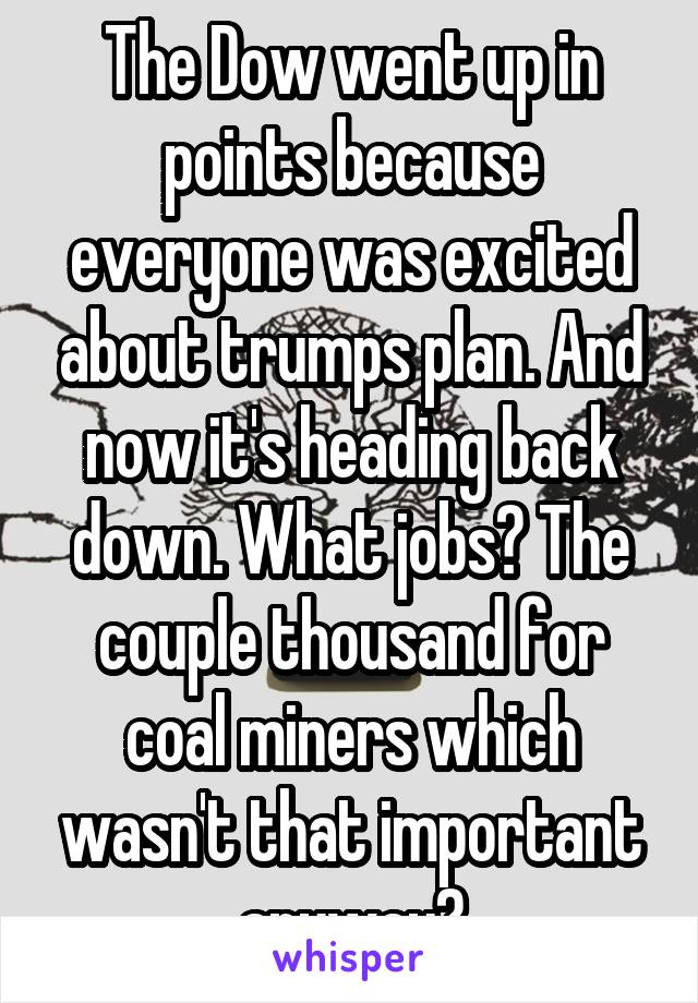 The Dow went up in points because everyone was excited about trumps plan. And now it's heading back down. What jobs? The couple thousand for coal miners which wasn't that important anyway?