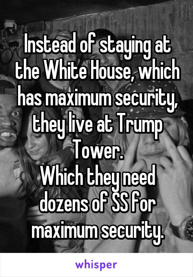 Instead of staying at the White House, which has maximum security, they live at Trump Tower.
Which they need dozens of SS for maximum security.