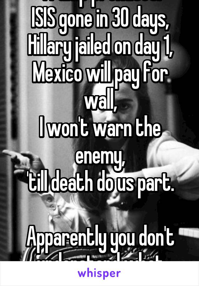 Trump promises:
ISIS gone in 30 days,
Hillary jailed on day 1,
Mexico will pay for wall,
I won't warn the enemy,
'till death do us part.

Apparently you don't understand what "literally" means. 