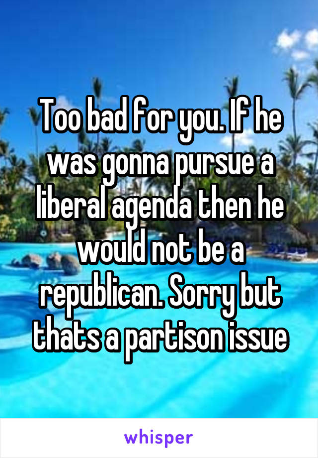 Too bad for you. If he was gonna pursue a liberal agenda then he would not be a republican. Sorry but thats a partison issue