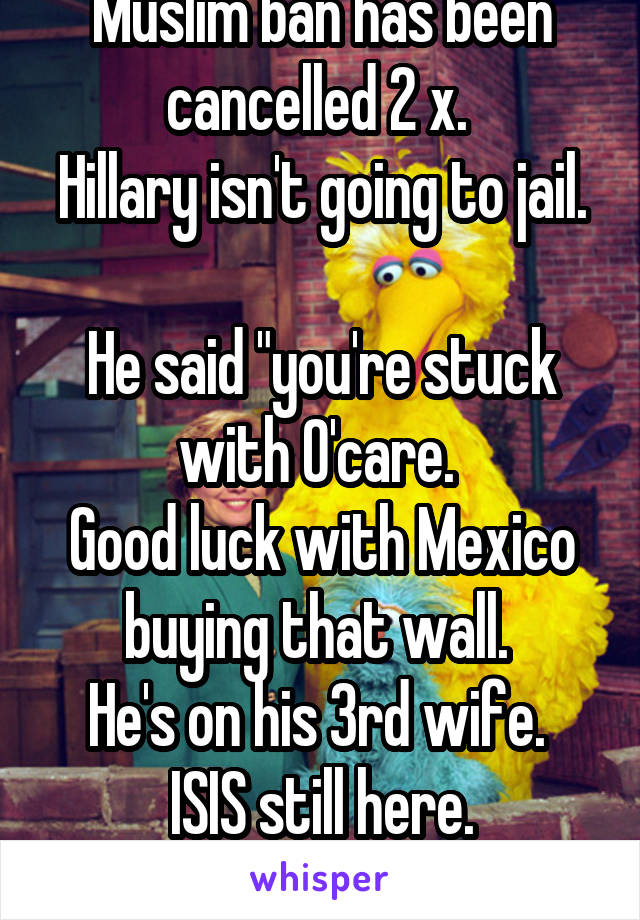 Muslim ban has been cancelled 2 x. 
Hillary isn't going to jail. 
He said "you're stuck with O'care. 
Good luck with Mexico buying that wall. 
He's on his 3rd wife. 
ISIS still here.
He's a liar. 