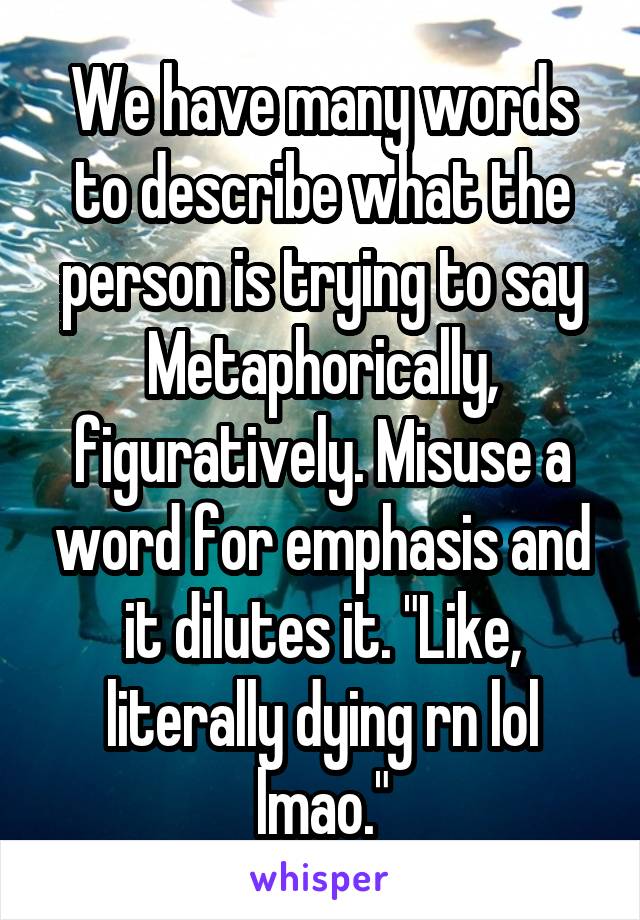 We have many words to describe what the person is trying to say Metaphorically, figuratively. Misuse a word for emphasis and it dilutes it. "Like, literally dying rn lol lmao."