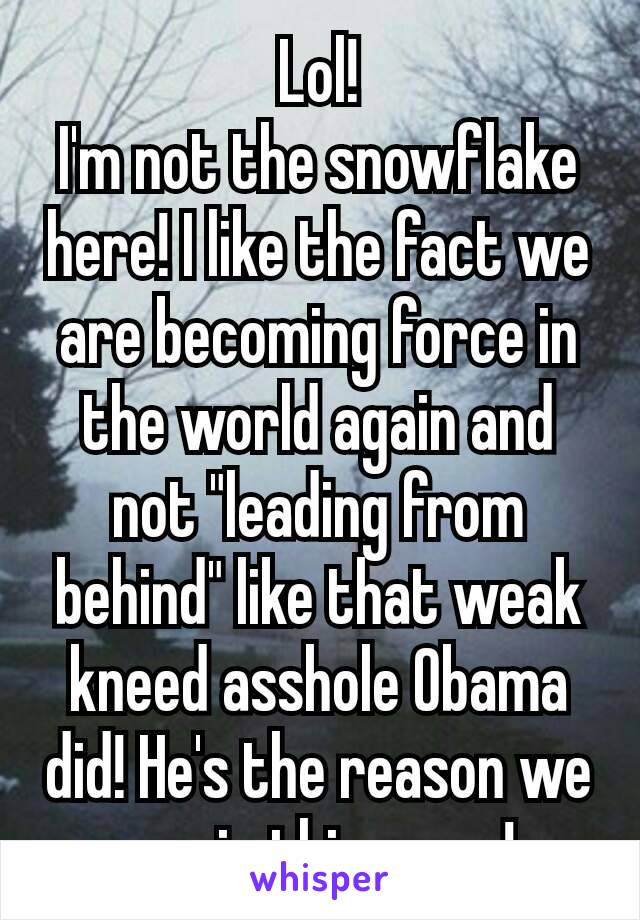 Lol!
I'm not the snowflake here! I like the fact we are becoming force in the world again​ and not "leading from behind" like that weak kneed asshole Obama did! He's the reason we are in this mess!