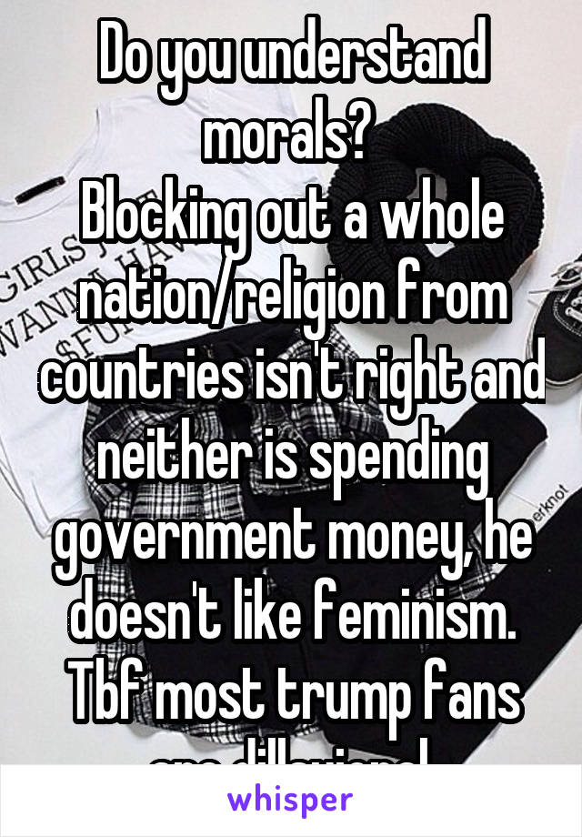 Do you understand morals? 
Blocking out a whole nation/religion from countries isn't right and neither is spending government money, he doesn't like feminism. Tbf most trump fans are dillsuional.