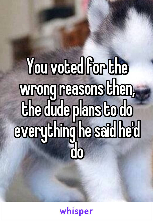 You voted for the wrong reasons then, the dude plans to do everything he said he'd do