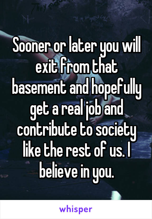 Sooner or later you will exit from that basement and hopefully get a real job and contribute to society like the rest of us. I believe in you.