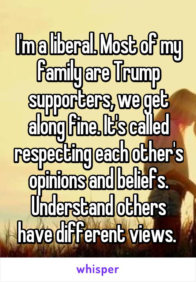 I'm a liberal. Most of my family are Trump supporters, we get along fine. It's called respecting each other's opinions and beliefs. Understand others have different views. 