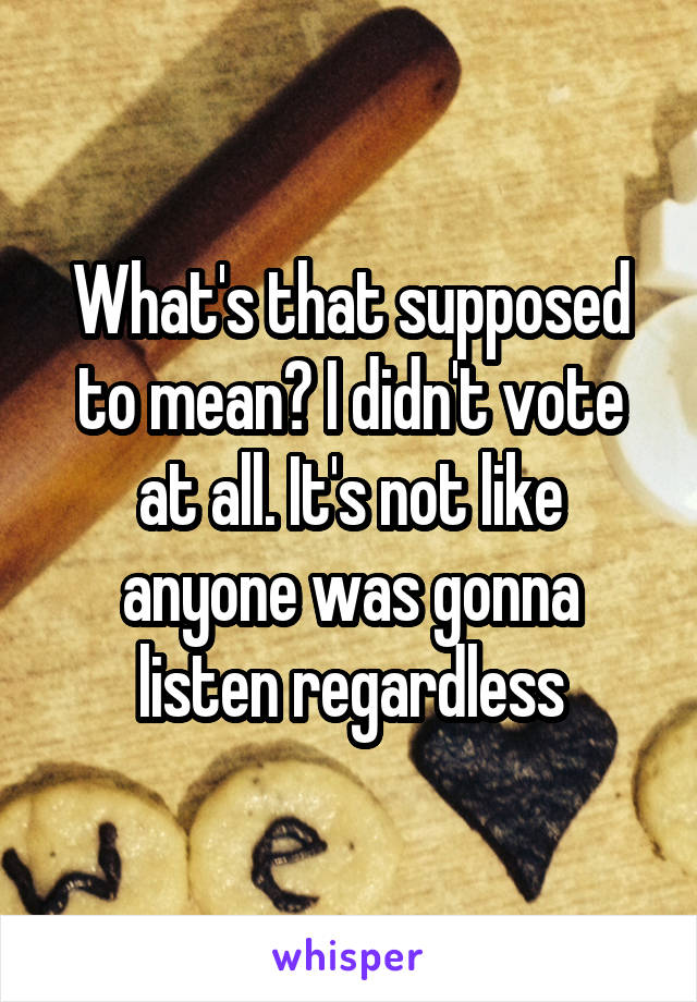 What's that supposed to mean? I didn't vote at all. It's not like anyone was gonna listen regardless