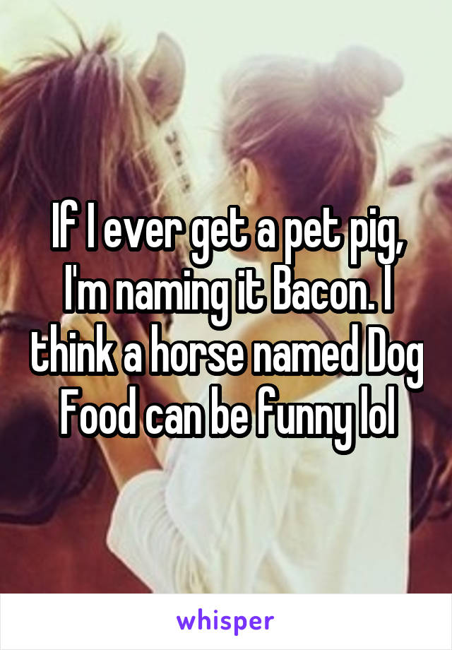 If I ever get a pet pig, I'm naming it Bacon. I think a horse named Dog Food can be funny lol