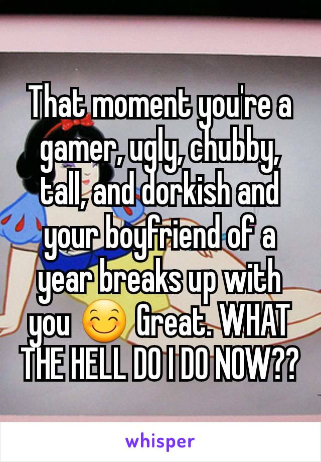 That moment you're a gamer, ugly, chubby, tall, and dorkish and your boyfriend of a year breaks up with you 😊 Great. WHAT THE HELL DO I DO NOW??