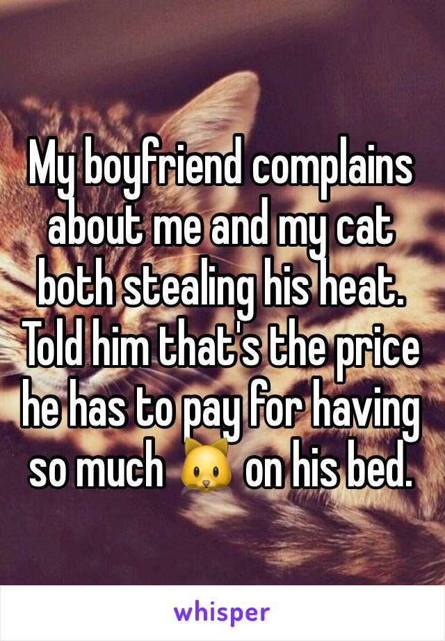 My boyfriend complains about me and my cat both stealing his heat. Told him that's the price he has to pay for having so much 🐱 on his bed.