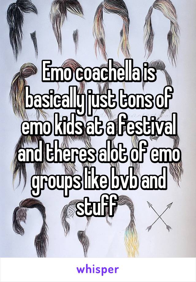 Emo coachella is basically just tons of emo kids at a festival and theres alot of emo groups like bvb and stuff 