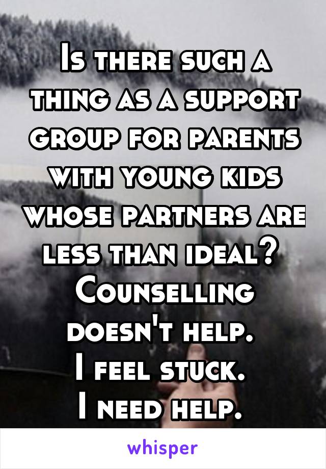 Is there such a thing as a support group for parents with young kids whose partners are less than ideal? 
Counselling doesn't help. 
I feel stuck. 
I need help. 