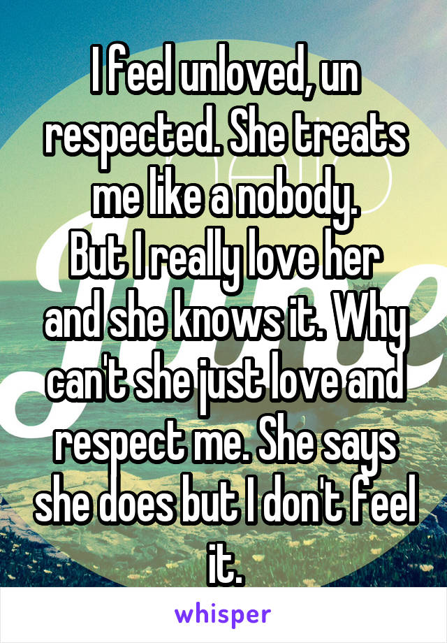 I feel unloved, un respected. She treats me like a nobody.
But I really love her and she knows it. Why can't she just love and respect me. She says she does but I don't feel it.