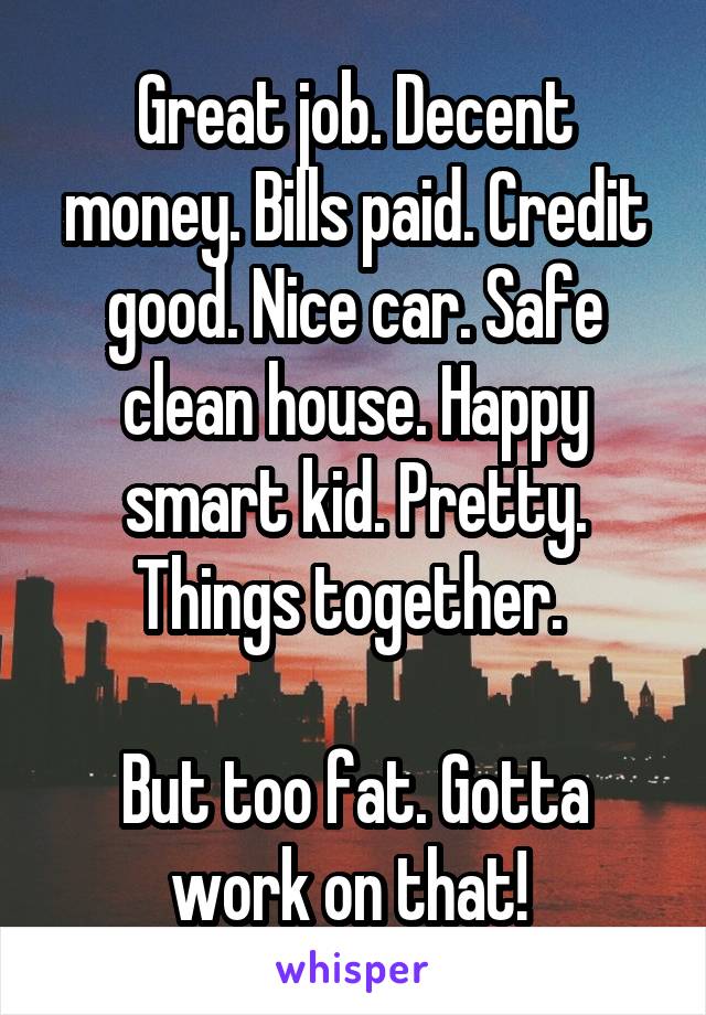 Great job. Decent money. Bills paid. Credit good. Nice car. Safe clean house. Happy smart kid. Pretty. Things together. 

But too fat. Gotta work on that! 