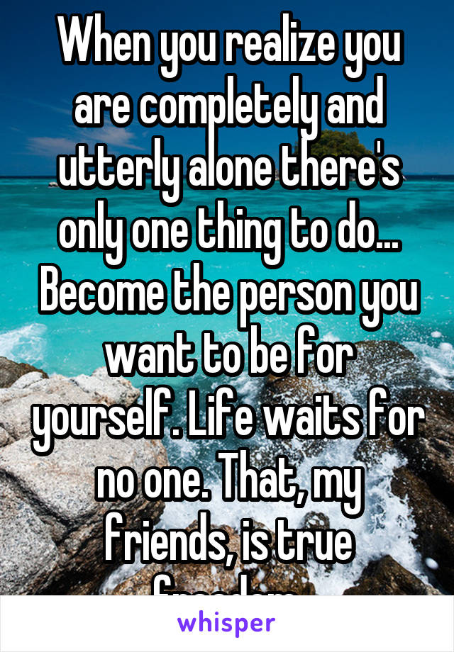 When you realize you are completely and utterly alone there's only one thing to do... Become the person you want to be for yourself. Life waits for no one. That, my friends, is true freedom.