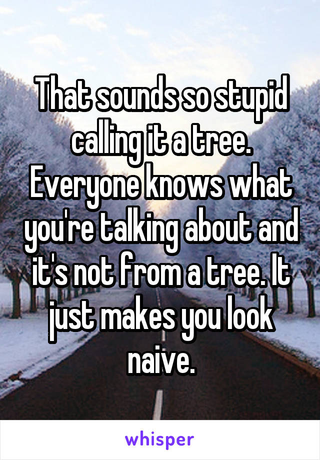 That sounds so stupid calling it a tree. Everyone knows what you're talking about and it's not from a tree. It just makes you look naive.