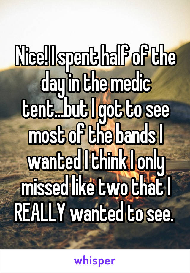 Nice! I spent half of the day in the medic tent...but I got to see most of the bands I wanted I think I only missed like two that I REALLY wanted to see. 