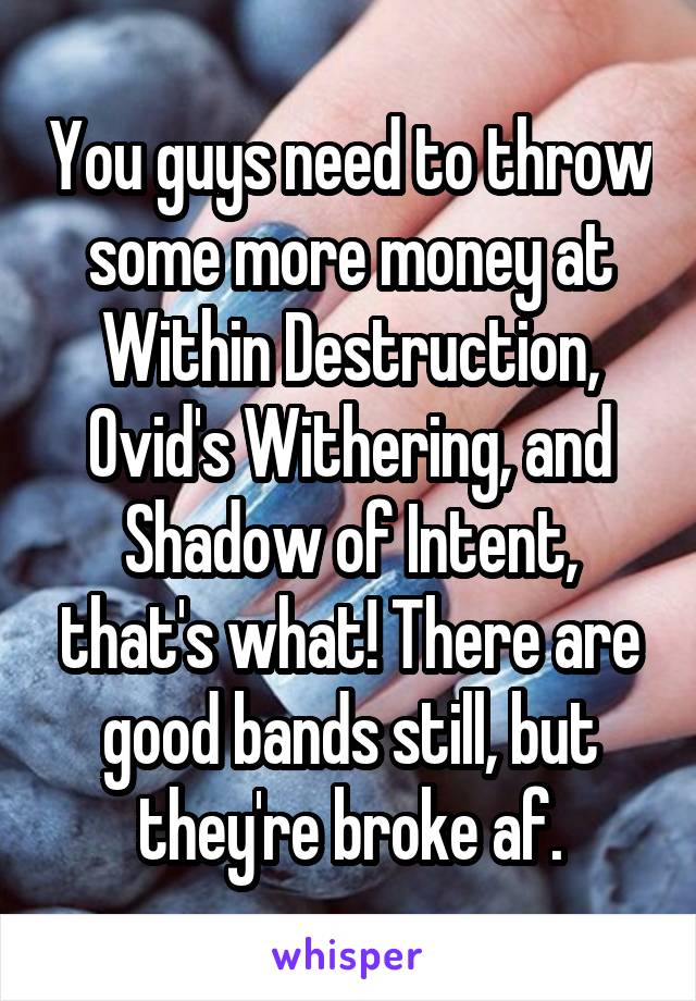 You guys need to throw some more money at Within Destruction, Ovid's Withering, and Shadow of Intent, that's what! There are good bands still, but they're broke af.