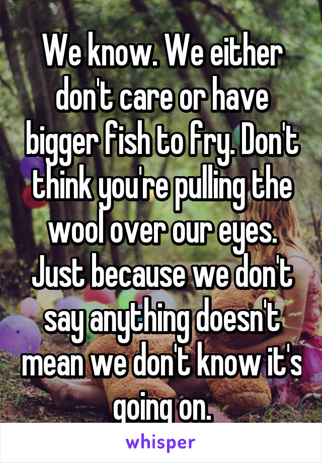 We know. We either don't care or have bigger fish to fry. Don't think you're pulling the wool over our eyes. Just because we don't say anything doesn't mean we don't know it's going on.