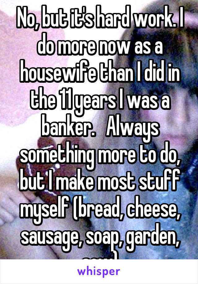 No, but it's hard work. I do more now as a housewife than I did in the 11 years I was a banker.   Always something more to do, but I make most stuff myself (bread, cheese, sausage, soap, garden, sew)