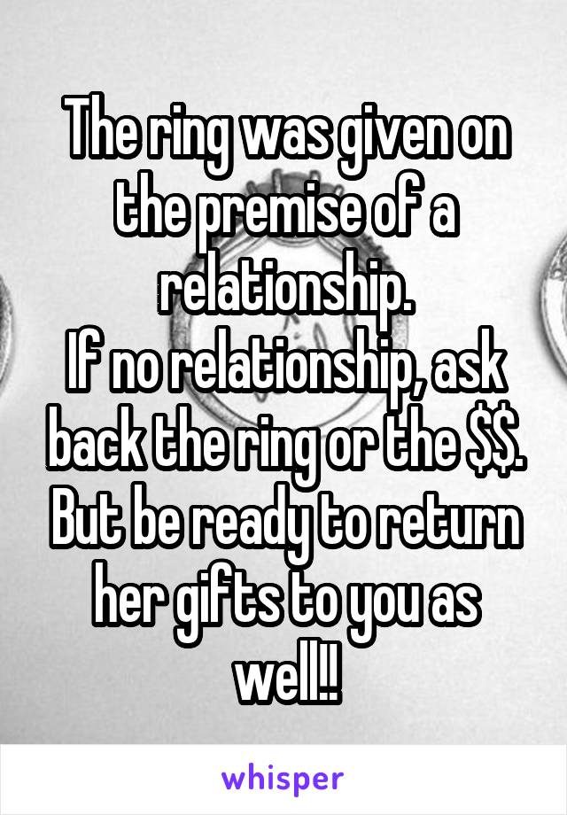 The ring was given on the premise of a relationship.
If no relationship, ask back the ring or the $$. But be ready to return her gifts to you as well!!