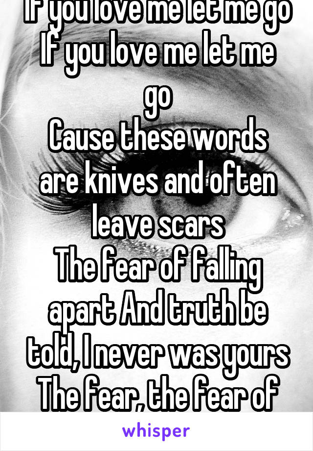 If you love me let me go
If you love me let me go
Cause these words are knives and often leave scars
The fear of falling apart And truth be told, I never was yours
The fear, the fear of falling apart