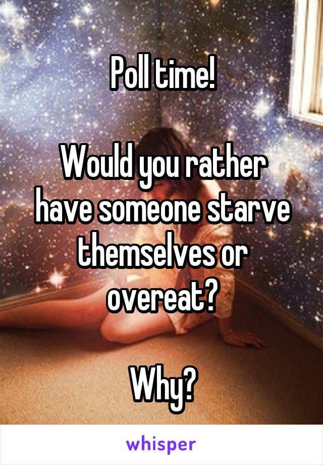 Poll time!

Would you rather have someone starve themselves or overeat?

Why?