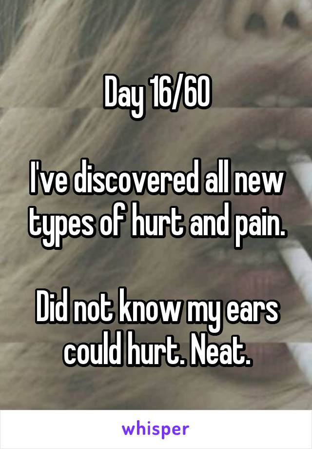 Day 16/60

I've discovered all new types of hurt and pain.

Did not know my ears could hurt. Neat.