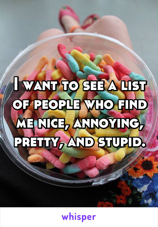 I want to see a list of people who find me nice, annoying, pretty, and stupid.