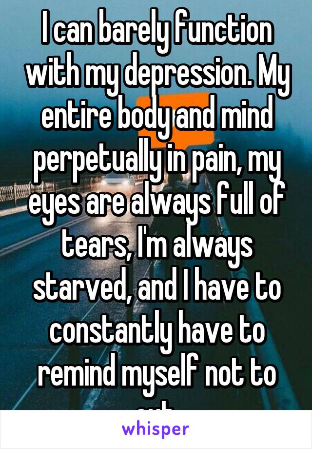 I can barely function with my depression. My entire body and mind perpetually in pain, my eyes are always full of tears, I'm always starved, and I have to constantly have to remind myself not to cut.