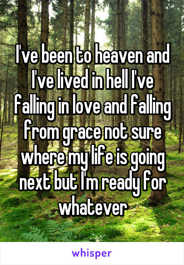 I've been to heaven and I've lived in hell I've falling in love and falling from grace not sure where my life is going next but I'm ready for whatever