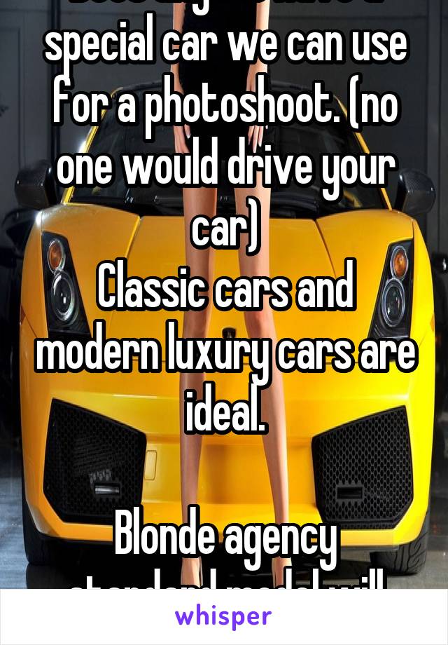 Does anyone have a special car we can use for a photoshoot. (no one would drive your car)
Classic cars and modern luxury cars are ideal.

Blonde agency standard model will pose with your car