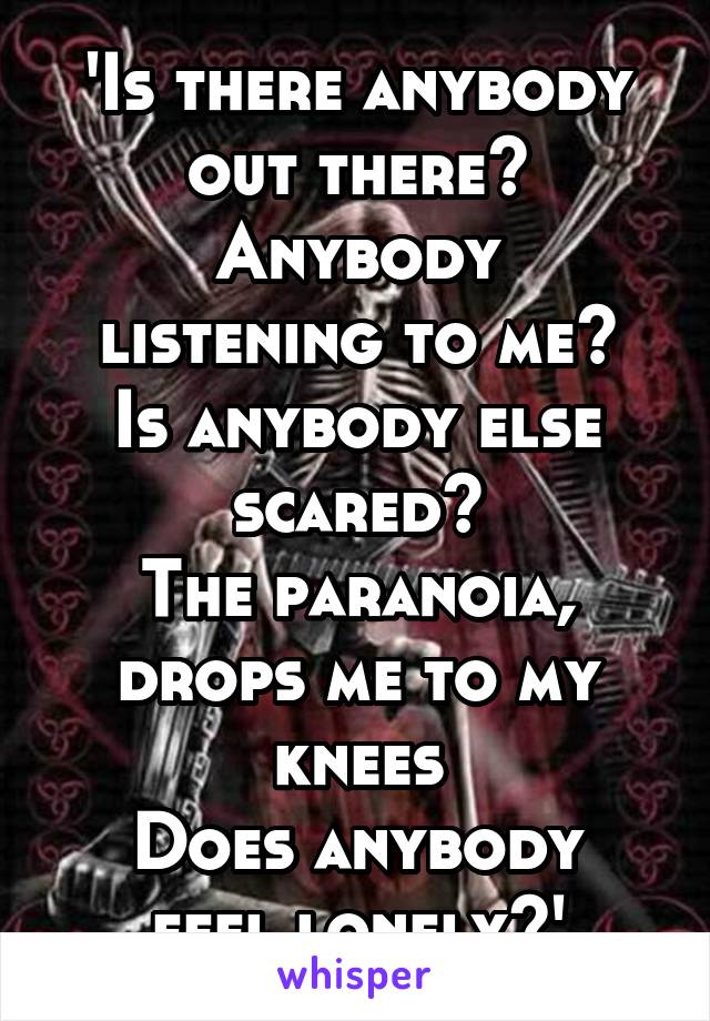 'Is there anybody out there?
Anybody listening to me?
Is anybody else scared?
The paranoia, drops me to my knees
Does anybody feel lonely?'