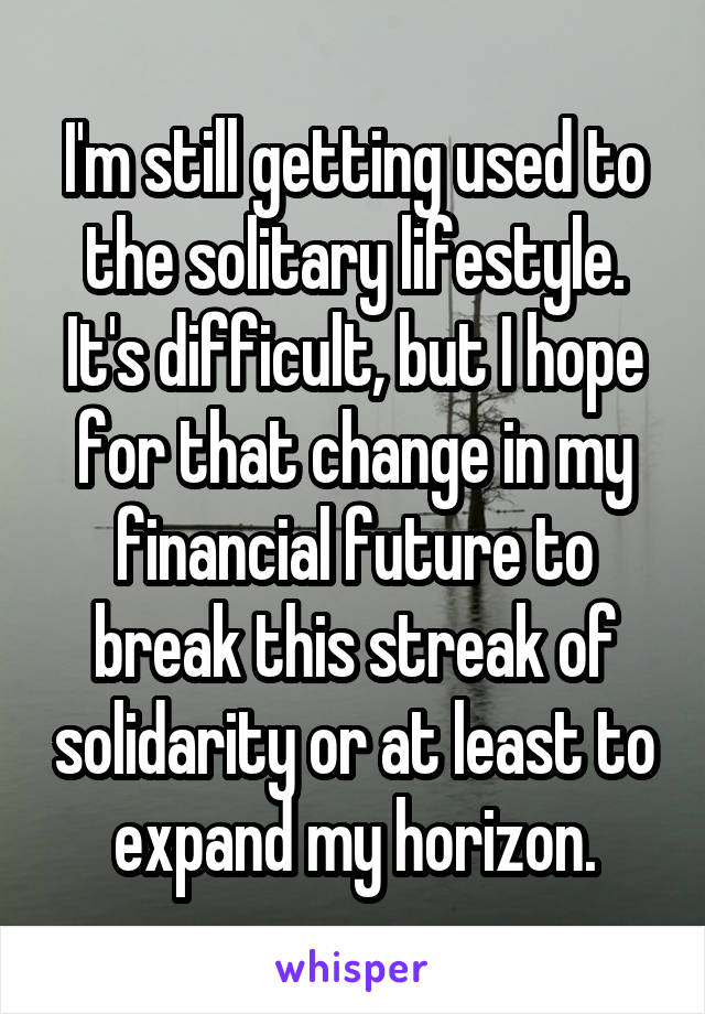 I'm still getting used to the solitary lifestyle. It's difficult, but I hope for that change in my financial future to break this streak of solidarity or at least to expand my horizon.