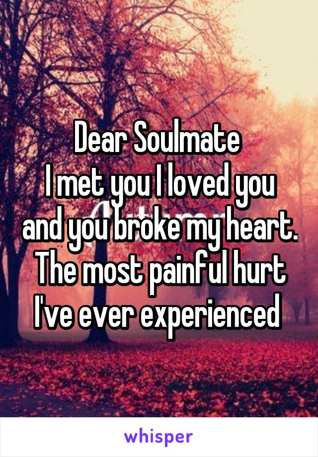 Dear Soulmate 
I met you I loved you and you broke my heart. The most painful hurt I've ever experienced 