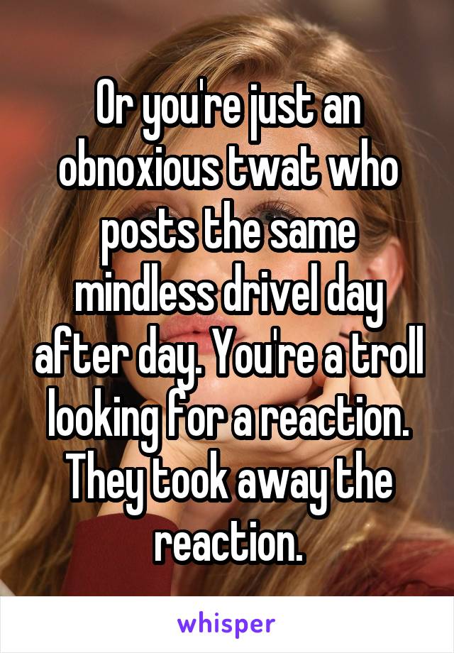 Or you're just an obnoxious twat who posts the same mindless drivel day after day. You're a troll looking for a reaction. They took away the reaction.