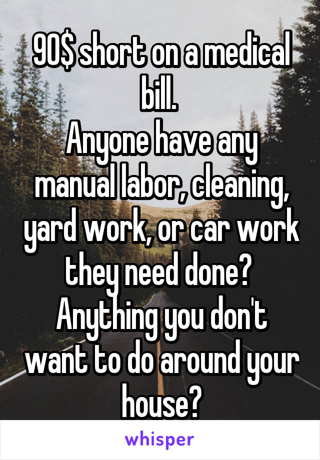 90$ short on a medical bill. 
Anyone have any manual labor, cleaning, yard work, or car work they need done? 
Anything you don't want to do around your house?