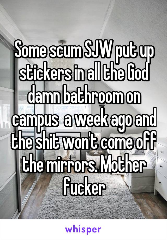 Some scum SJW put up stickers in all the God damn bathroom on campus  a week ago and the shit won't come off the mirrors. Mother fucker