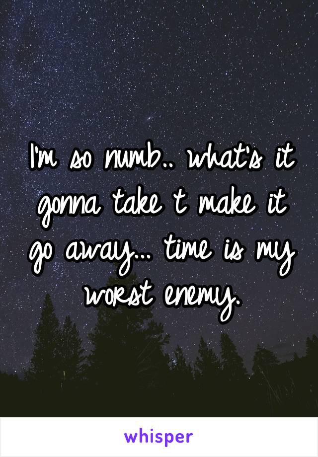 I'm so numb.. what's it gonna take t make it go away... time is my worst enemy.