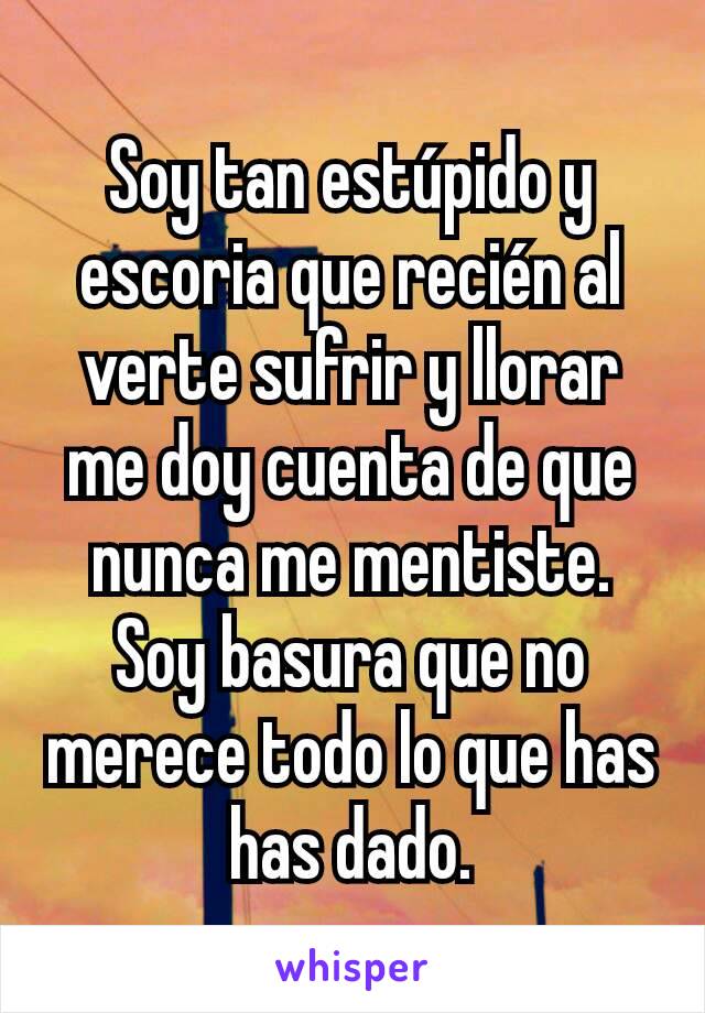 Soy tan estúpido y escoria que recién al verte sufrir y llorar me doy cuenta de que nunca me mentiste. Soy basura que no merece todo lo que has has dado.