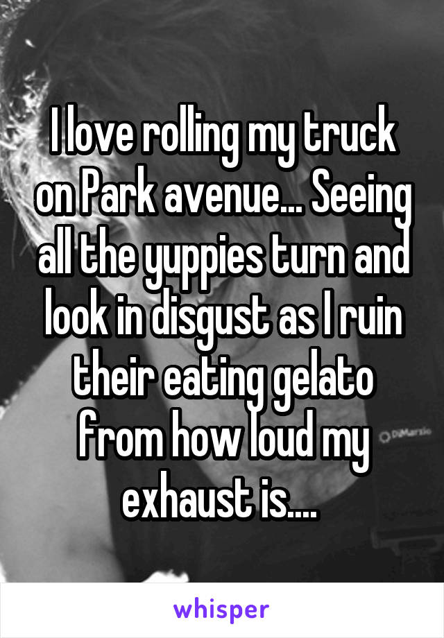 I love rolling my truck on Park avenue... Seeing all the yuppies turn and look in disgust as I ruin their eating gelato from how loud my exhaust is.... 