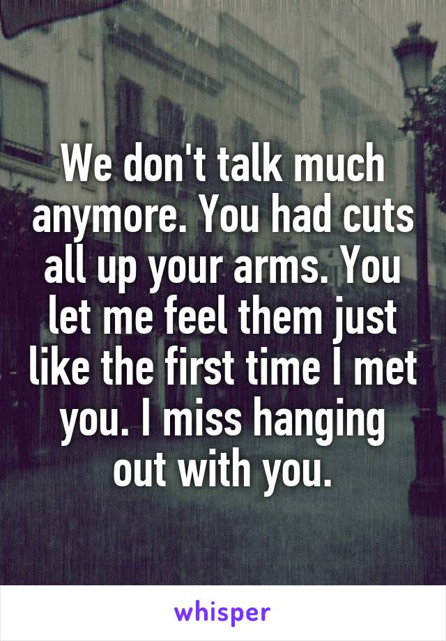 We don't talk much anymore. You had cuts all up your arms. You let me feel them just like the first time I met you. I miss hanging out with you.