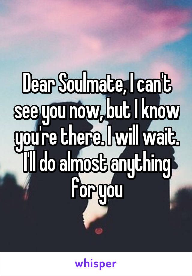 Dear Soulmate, I can't see you now, but I know you're there. I will wait. I'll do almost anything for you