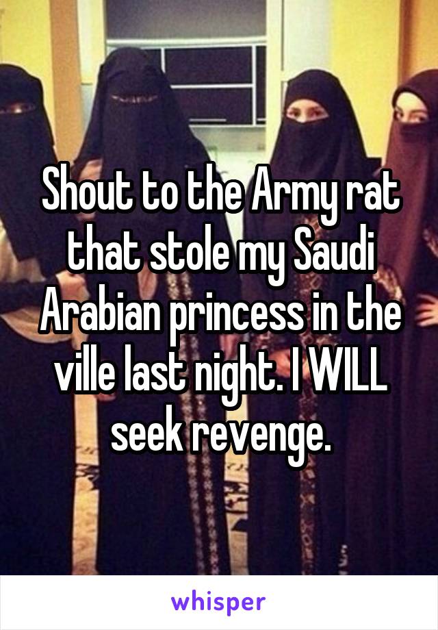 Shout to the Army rat that stole my Saudi Arabian princess in the ville last night. I WILL seek revenge.