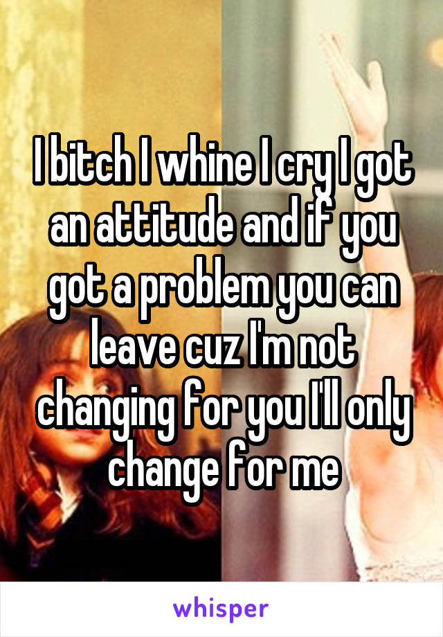 I bitch I whine I cry I got an attitude and if you got a problem you can leave cuz I'm not changing for you I'll only change for me