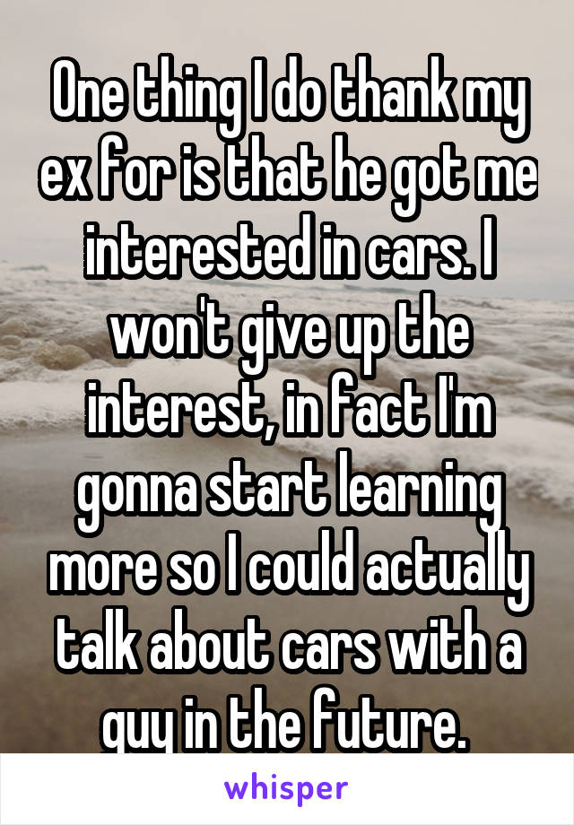 One thing I do thank my ex for is that he got me interested in cars. I won't give up the interest, in fact I'm gonna start learning more so I could actually talk about cars with a guy in the future. 