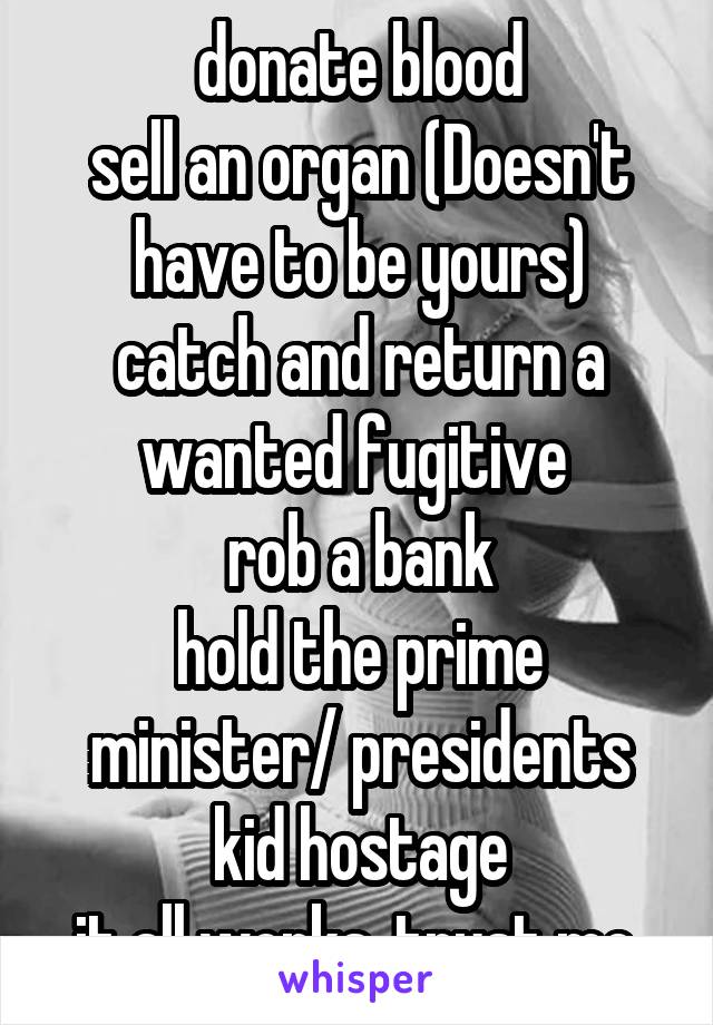 donate blood
sell an organ (Doesn't have to be yours)
catch and return a wanted fugitive 
rob a bank
hold the prime minister/ presidents kid hostage
it all works, trust me 