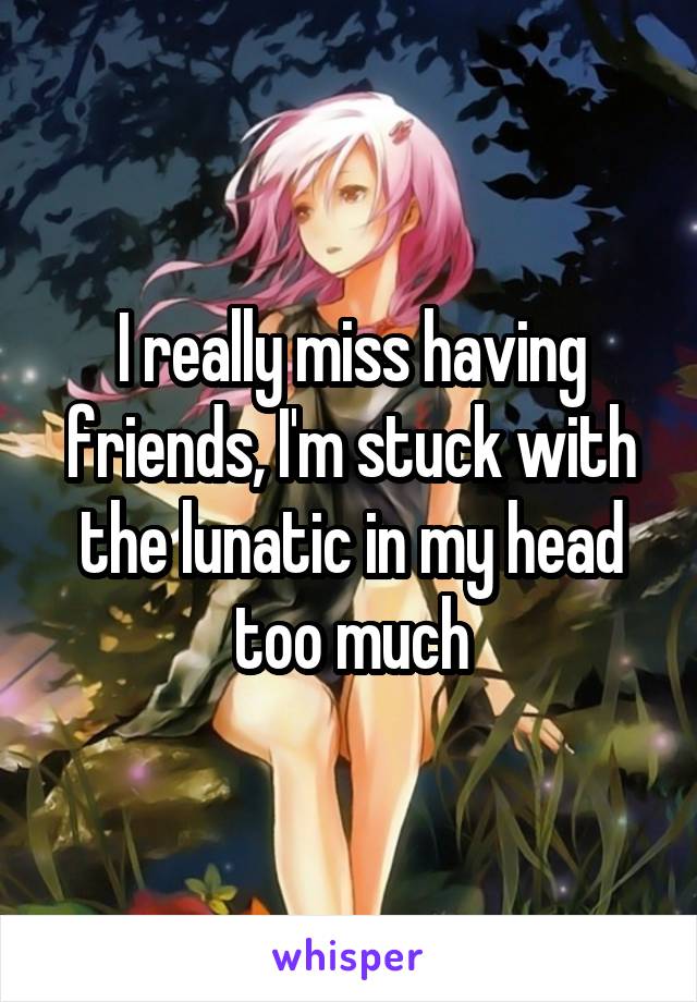 I really miss having friends, I'm stuck with the lunatic in my head too much